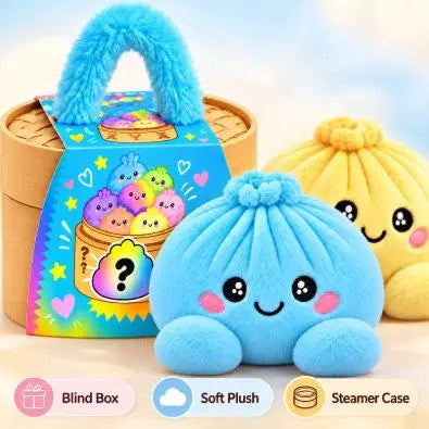 Cute Plush Stuffed Dumpling Squishies with Bamboo-Style Steamer Basket