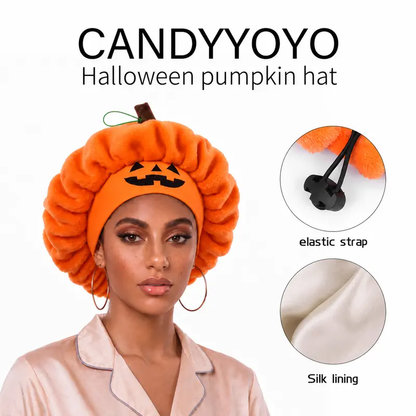 Pumpkin Sleep Cap Halloween Plush Hair Bonnet Elastic Jack O Lantern Sleep Cap Fluffy Head Wrap for Skincare Makeup Night Sleep Holiday Party Wear Band Sleep Cap Silk