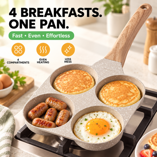 🔥Multifunctional 4 Holes Skillet With Handle Wooden Handle🍳