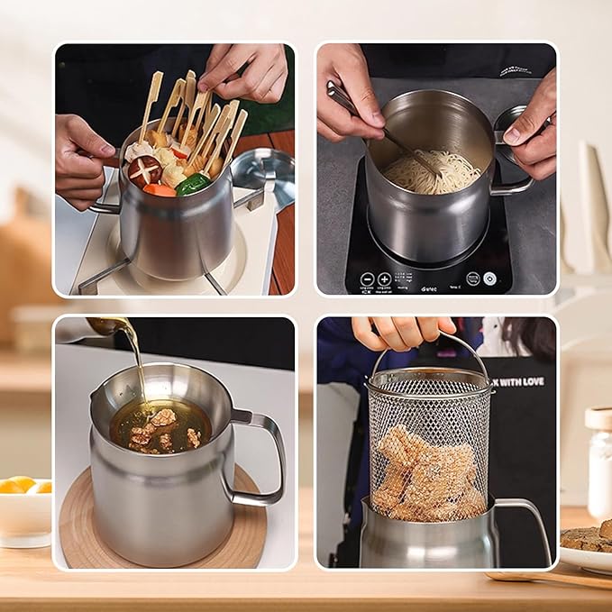 68oz 201Stainless Steel Deep Fryer Pot with Basket & Strainer