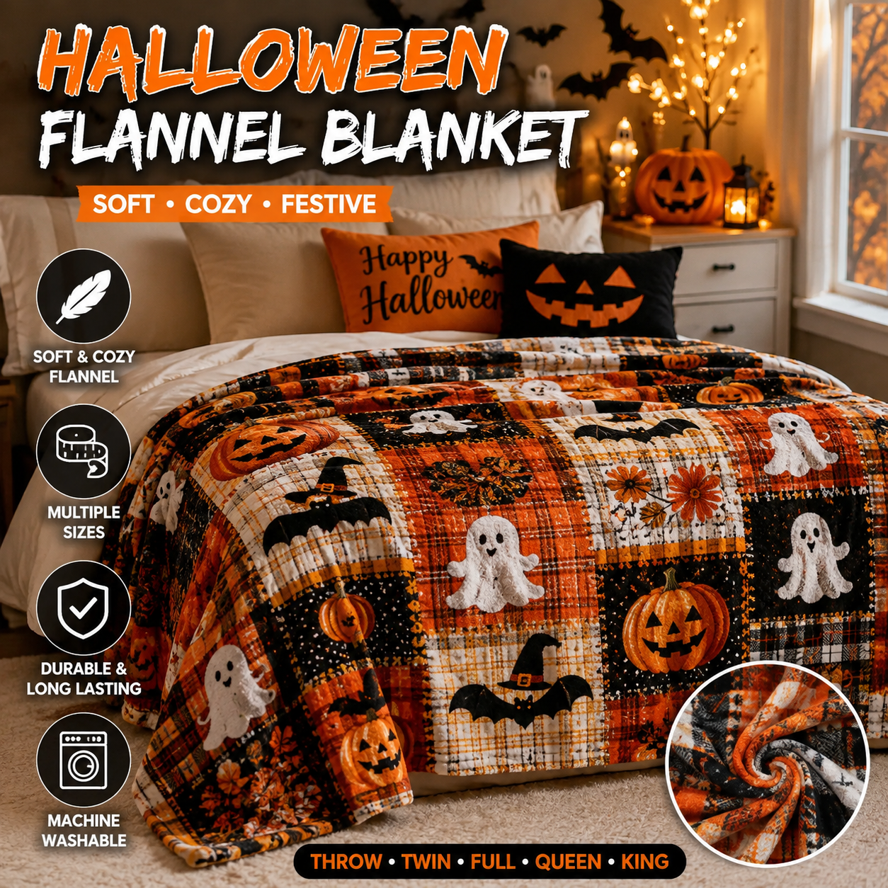 🎃 Halloween Pumpkin Ghost Blanket – Cozy Spooky Throw for Fall Movie Nights, Sofa & Bed