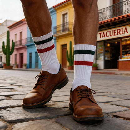 2 Pairs Retro Mexican Pride Crew Socks - Gold Embroidered Striped Streetwear Socks