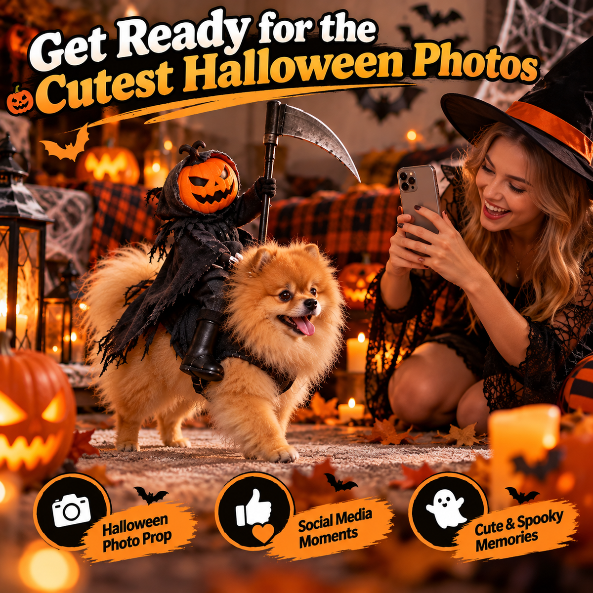 🎃 Spooky Rider™ – Funny Pumpkin Reaper Halloween Dog Costume