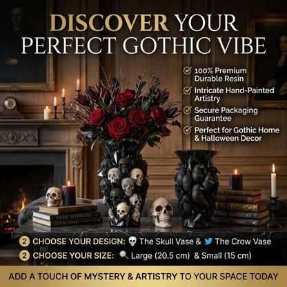 💎💀Gothic Skull & Crow Resin Vase- Halloween Dark Decor Vase