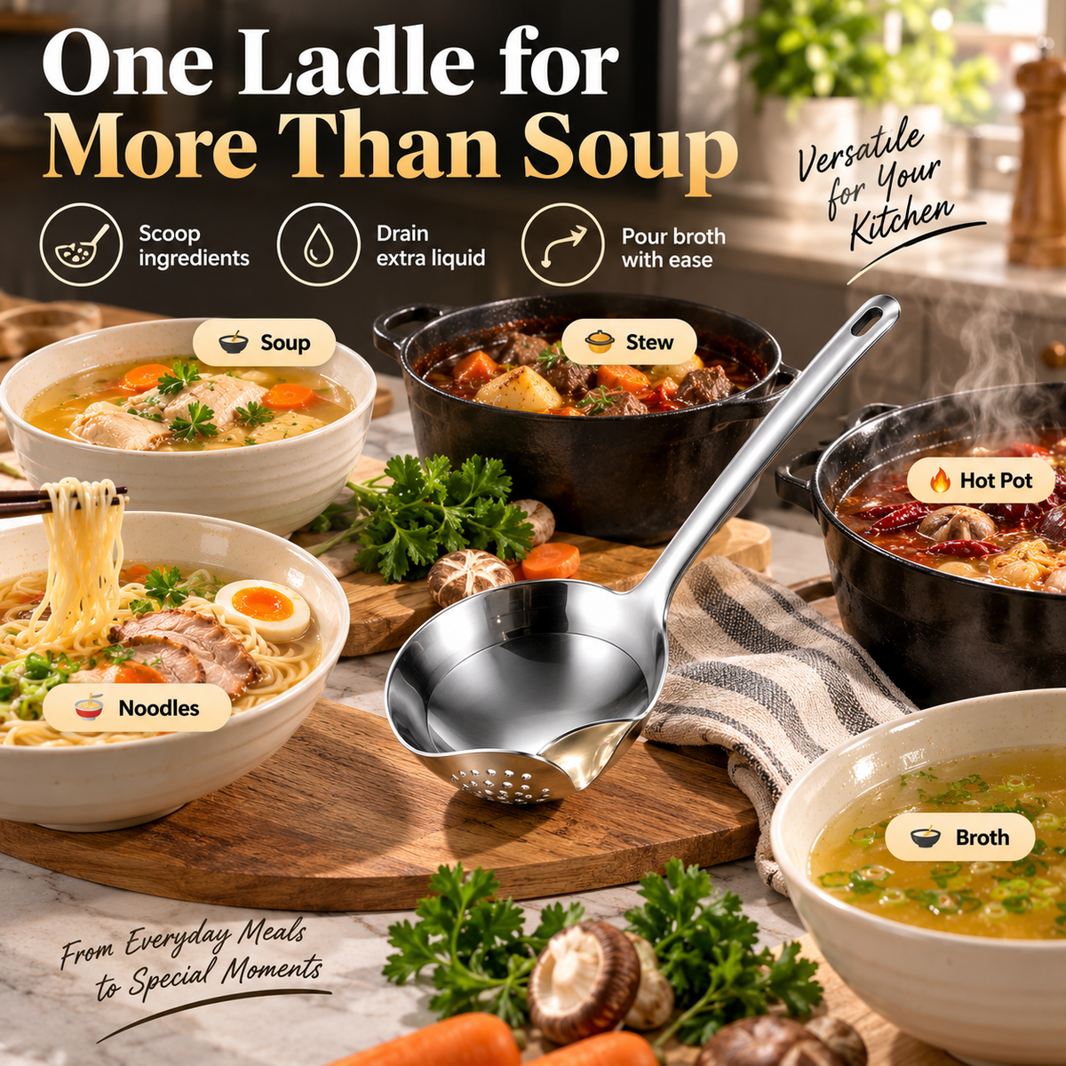 🥣 304 Stainless Steel Deep Soup Ladle – Easy-Pour Serving Spoon for Soups, Stews & Hot Pot