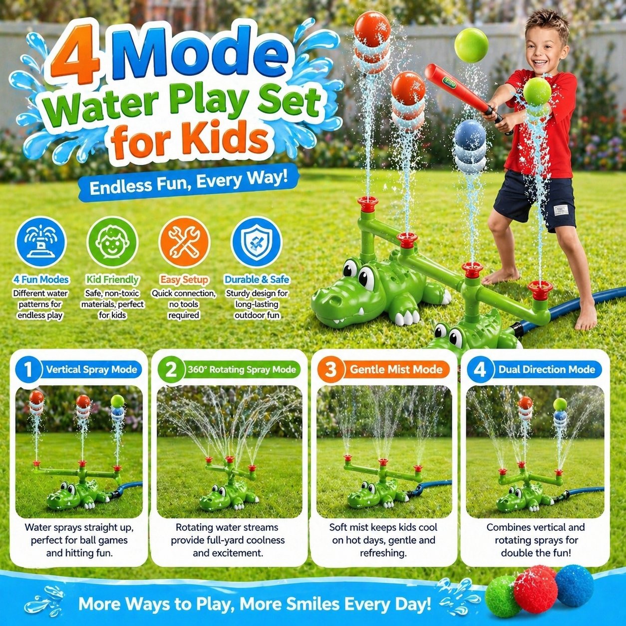 💦 4-in-1 Kids Crocodile Baseball Water Sprinkler T Ball Set & Water Ball Toy 💦