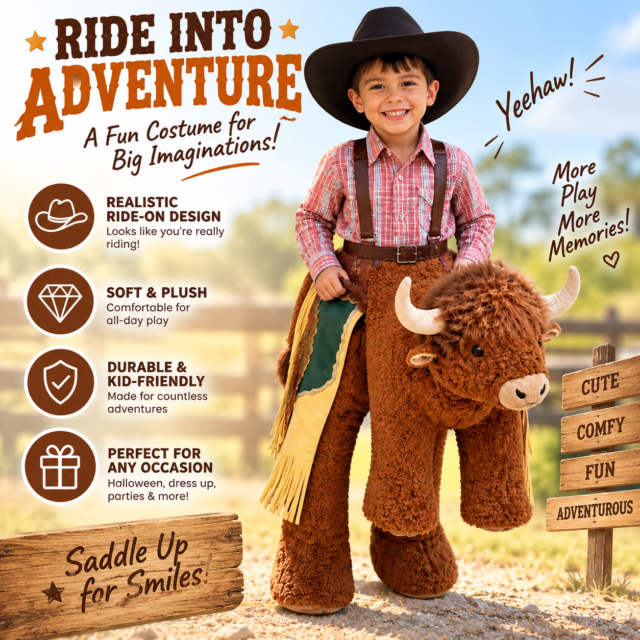 🤠 Kids Plush Ride-On Bison Costume – 3D Cowboy Halloween & Party Dress-Up