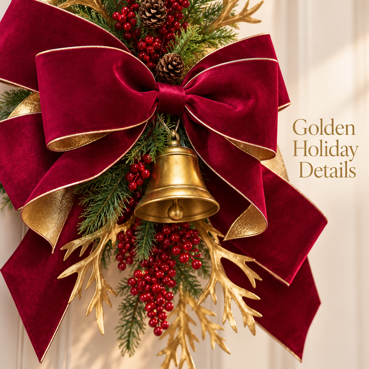 Luxurious Velvet Christmas Scapular with Red Berries, Golden Branches, and a Jingle Bell - 1.60m