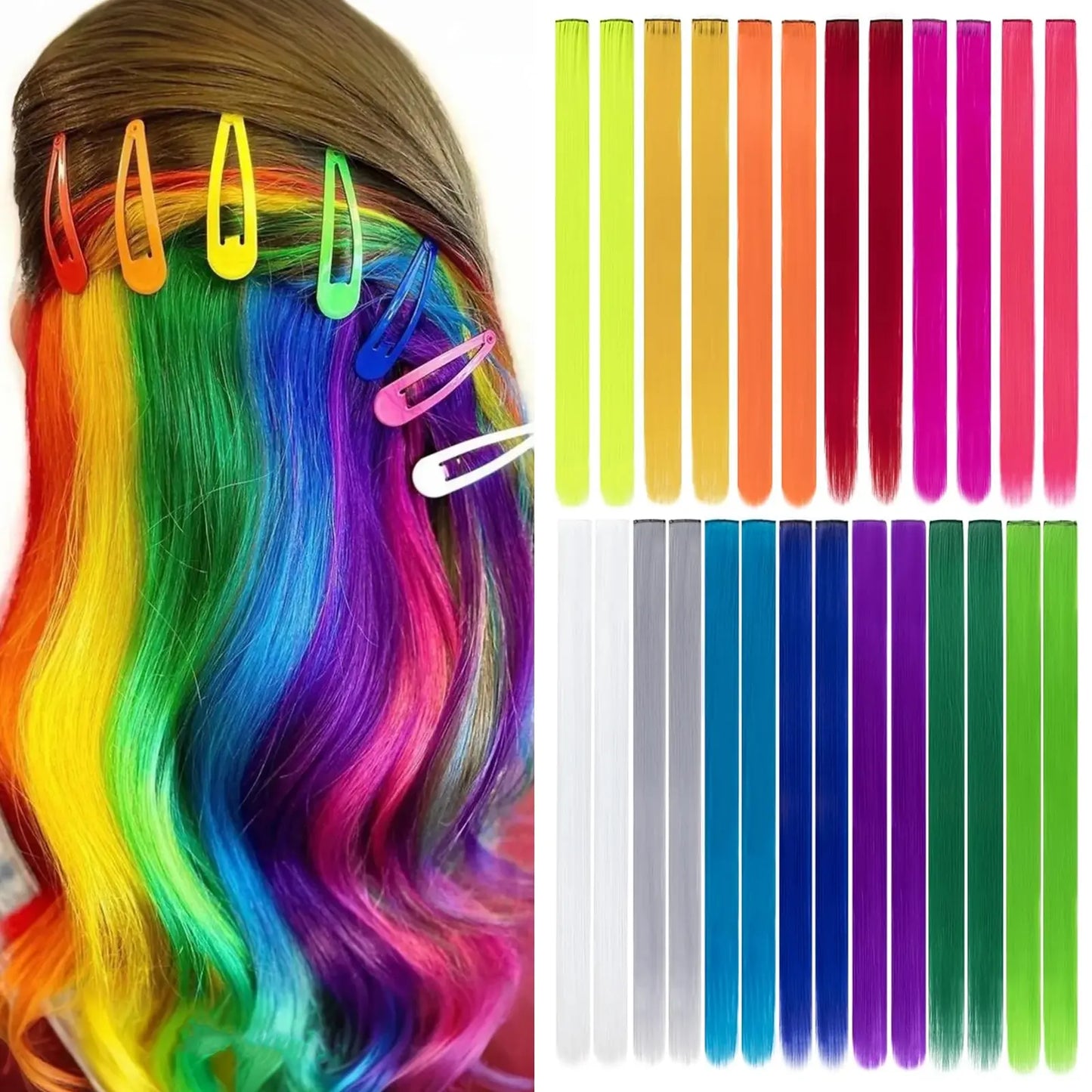 2 PCS Colored Hair Extensions 20Inch Straight Color Clip in Hair Extension Rainbow Party Highlights Synthetic Hairpiece