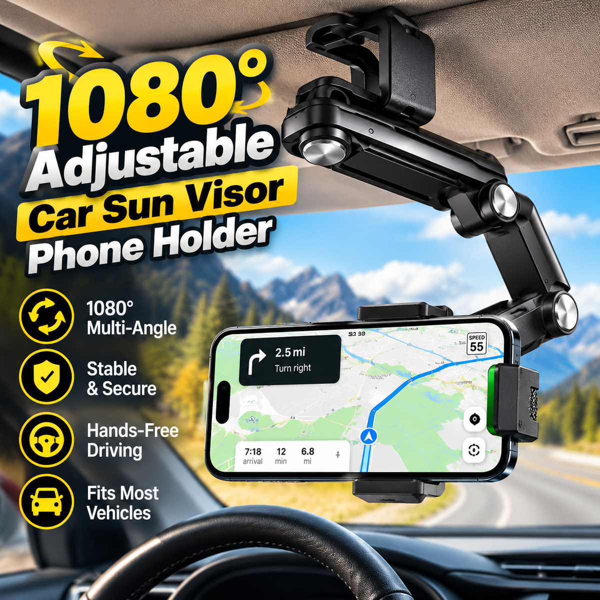 📱 1080° Adjustable Car Sun Visor Phone Holder – Foldable 360° Rotating Hands-Free Mount