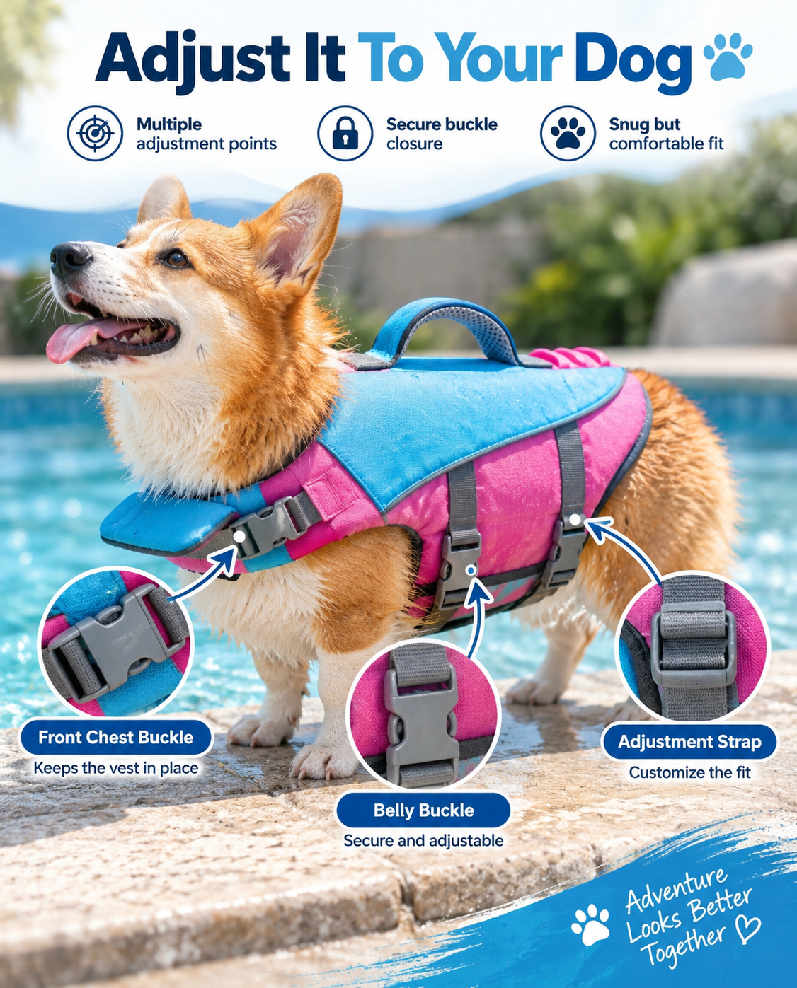 Adjustable chest and belly buckles on dog flotation vest