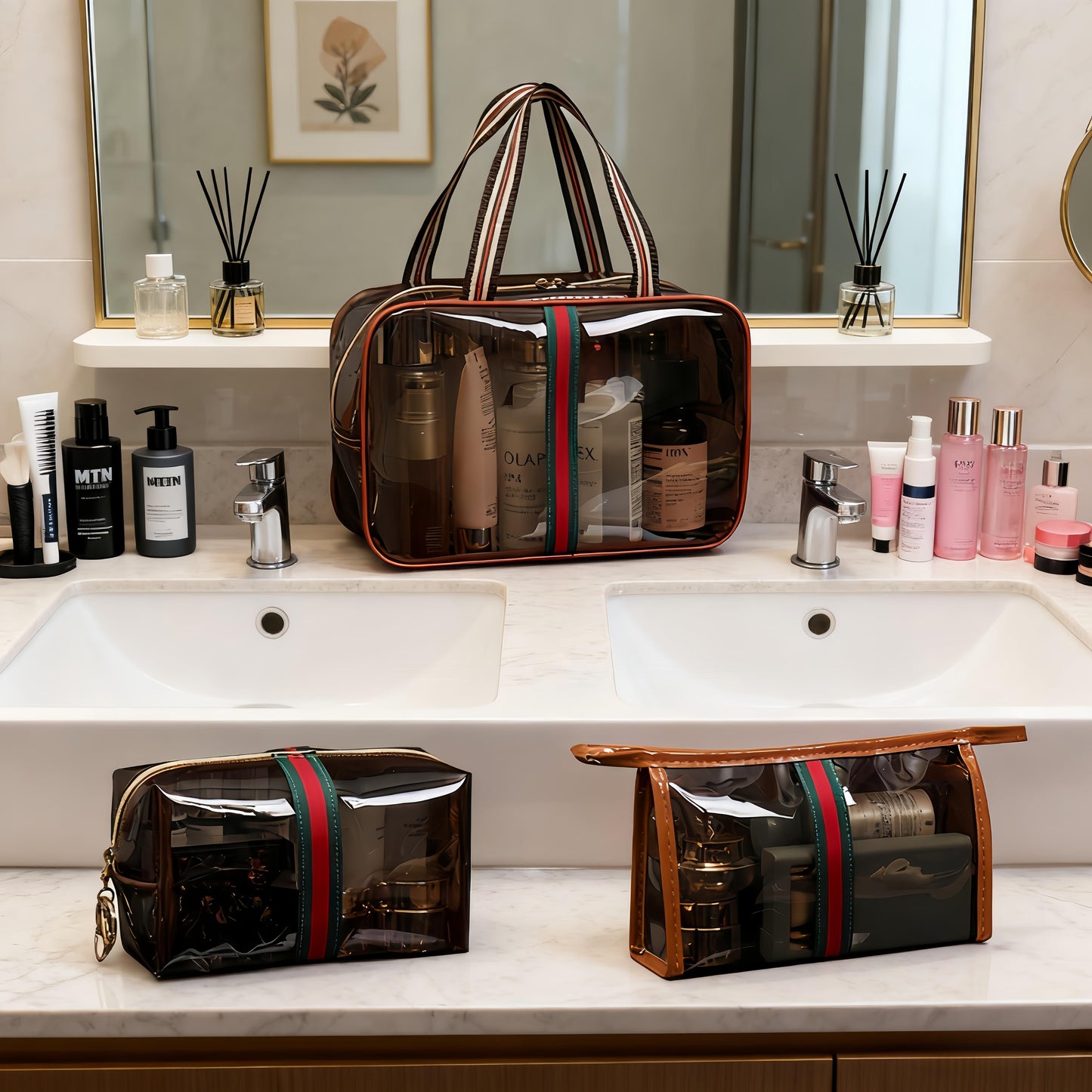 3-Piece Vintage Cosmetic Bag Set – Large Capacity Waterproof Makeup & Toiletry Organizer for Travel