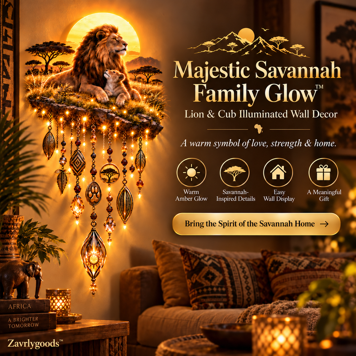 🦁 Lion & Cub Warm Glow Wall Décor – Savannah-Inspired Family Accent