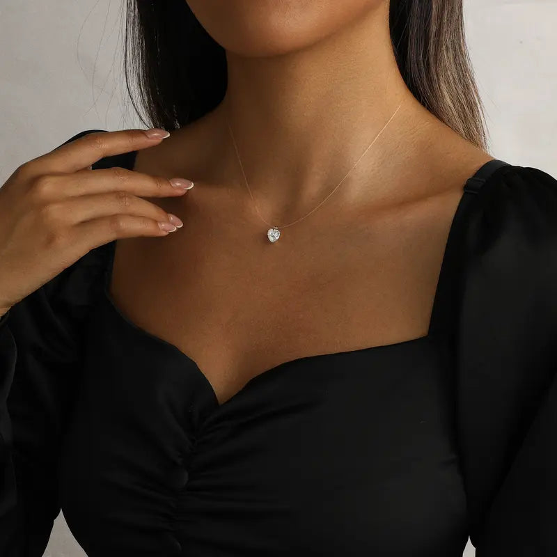 Women's Floating Cubic Zirconia Pendant Necklace on Invisible Transparent Cord