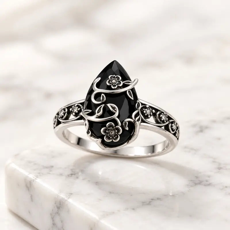 925 Sterling Silver Synthetic Obsidian Ring with Vintage Flower Design