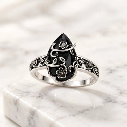 925 Sterling Silver Synthetic Obsidian Ring with Vintage Flower Design