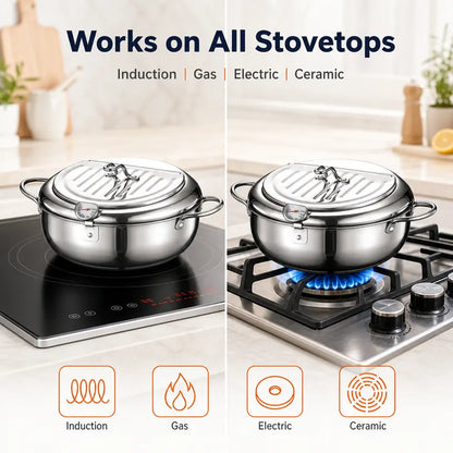 304 Grade Stainless Steel Deep Fryer Pot - Japanese Style, with Thermometer, Oil Drip Drainer Rack, Temp Control, Induction Safe for Gas Stoves, French Fries, Chicken Wings