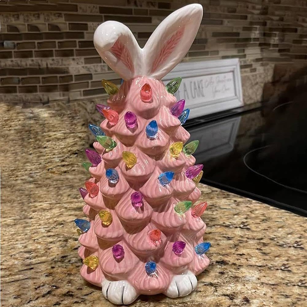 🐰Pink Bunny Tree Easter Decorations, 2026 New Resin Bunny Rabbit Tree with Lights