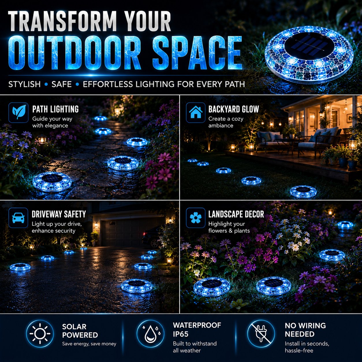 Solar Outdoor Mosaic Disk Pathway LED Lights