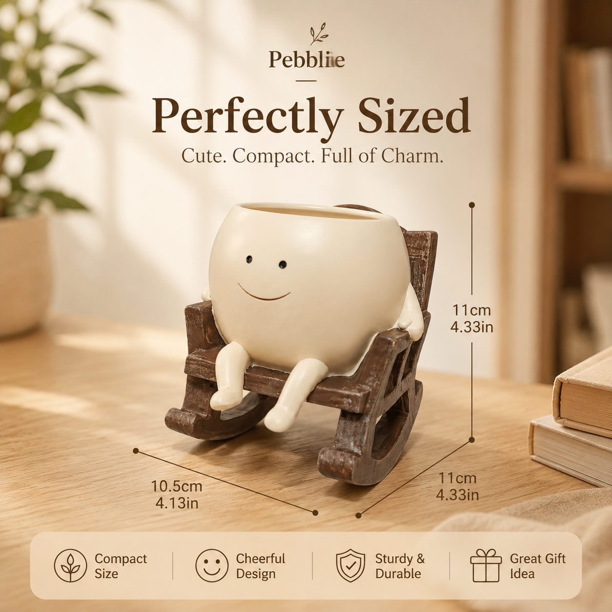 Upgrade Your Plain Boring Plant Pots | Cute Lazy Smile Character Ceramic Succulent Planter with Detachable Wooden Rocking Chair Desk Decor