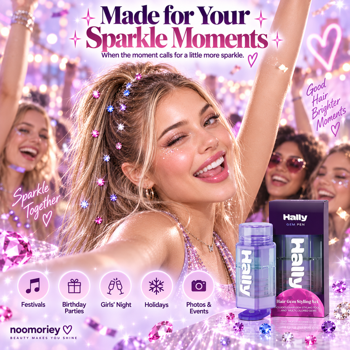 ✨ Instant Sparkle Hair Gem Styling Set – Easy Multicolor Hair Gems for Parties, Festivals & Everyday Looks