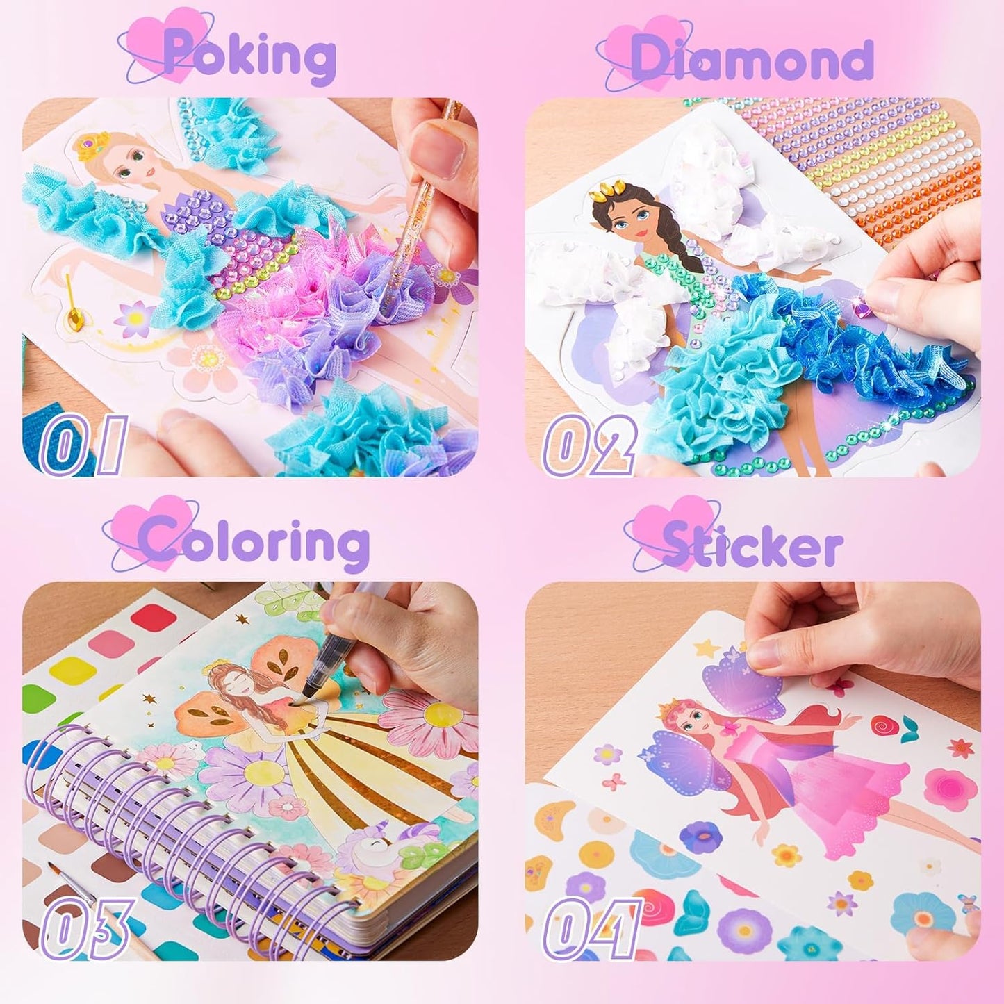 🎨Poke-in 4-in-1 Diamond Painting Kits & Art Magic Princess Craft Kit Stuffers Watercolor DIY Gifts for Girls Handicraft Activities Back to School Embroidery Design Set🎁