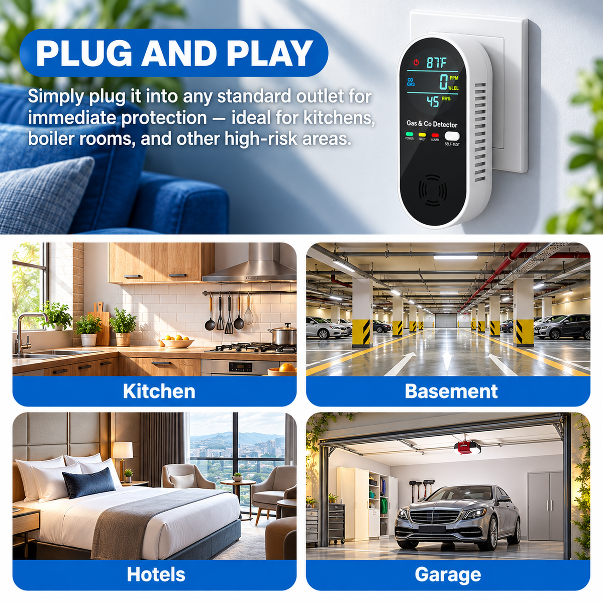 🛡️4 in 1 Gas & Carbon Monoxide Detector with Temperature and Humidity Display