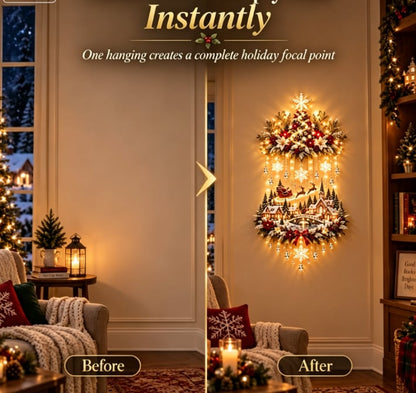 🎉🎄 Illuminated Christmas Tree & Village Wall Hanging | Cascading Warm Lights for Living Rooms, Entryways & Staircases ✨63CM