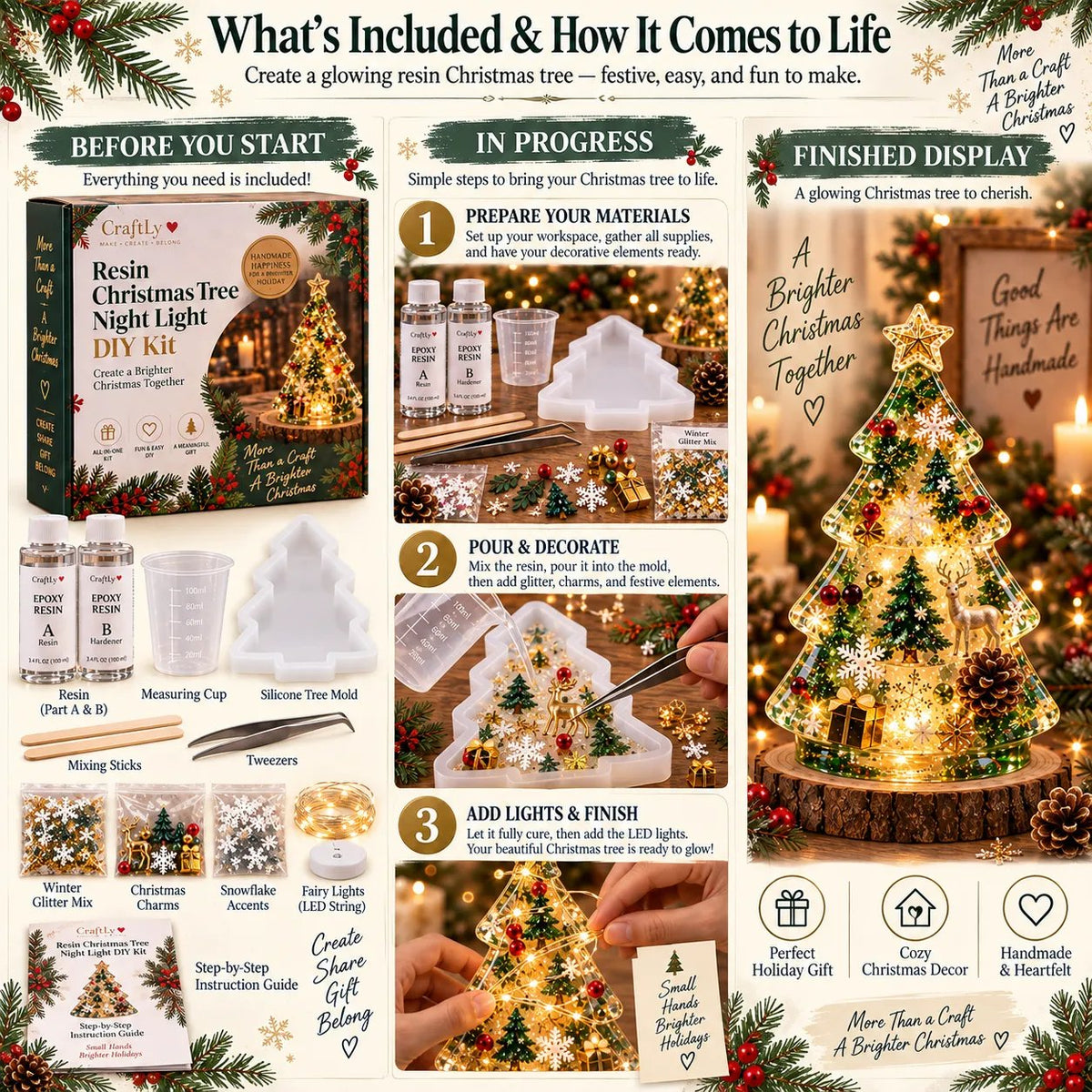 🔥HOT SALE🔥🎄Beginner-Friendly Resin Christmas Tree Night Light DIY Kit | Complete Kit with Mold, Resin, Fairy Lights & Festive Decorations ✨