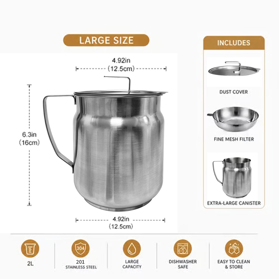 68oz 201Stainless Steel Deep Fryer Pot with Basket & Strainer