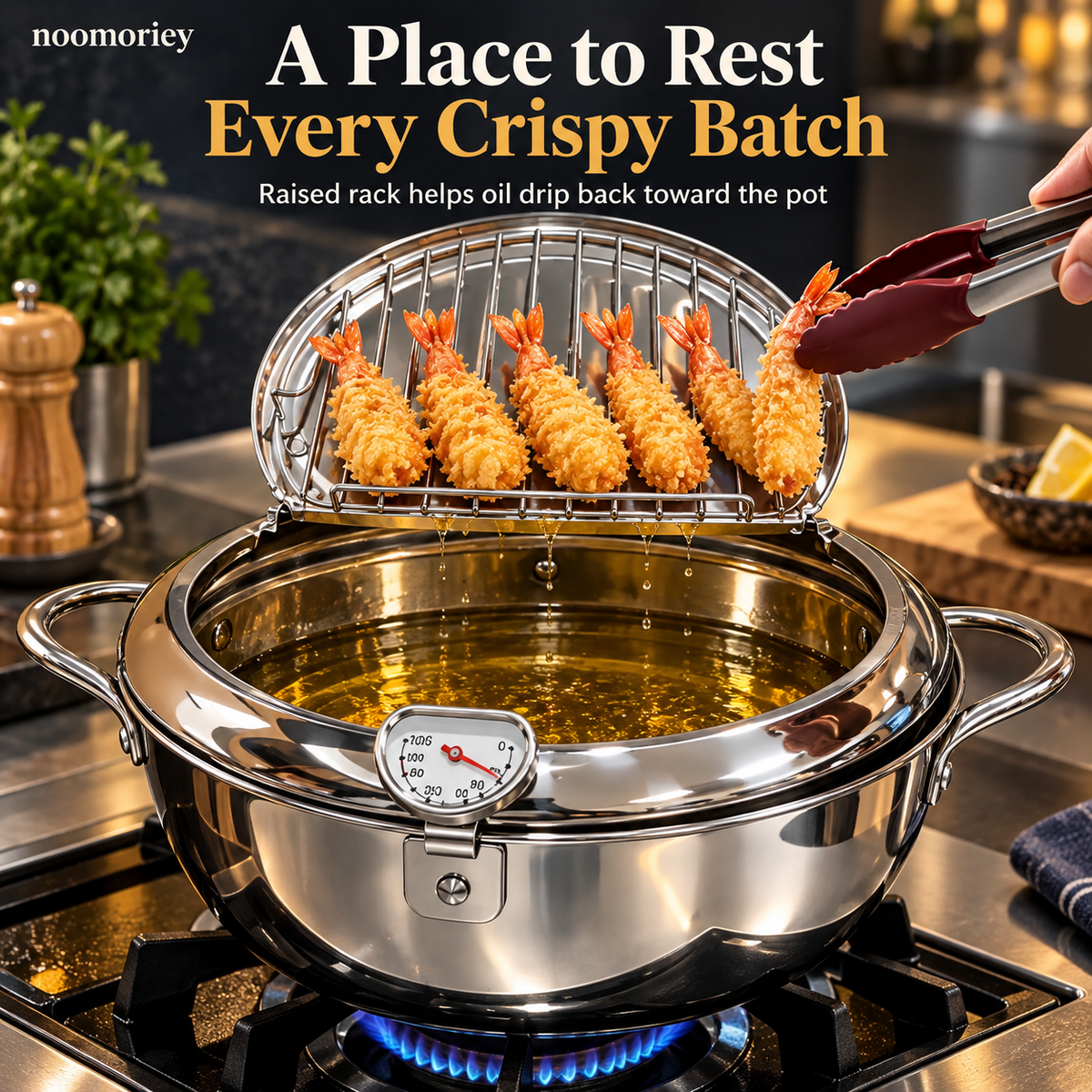 🍤 Deep Frying Pot with Thermometer & Lid Draining Rack – Dual-Handle Frying, Stir-Frying & Boiling Pot