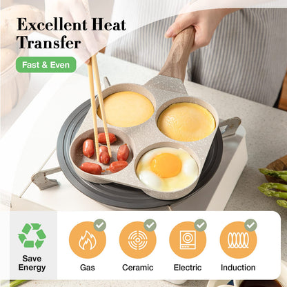 🍳 Multifunctional 4-Hole Pan with Wooden Handle – Perfect for Eggs, Pancakes & Mini Pancakes