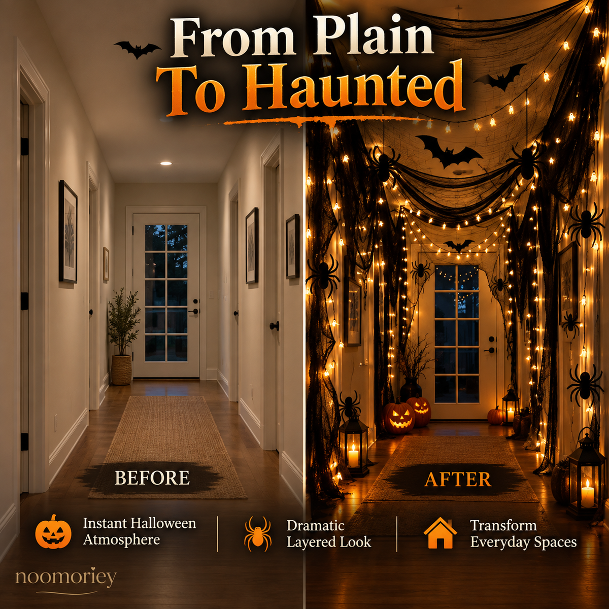 🎃 Halloween Creepy Cloth – Black Gauze Spiderweb Draping for Doorways, Stairs & Party Décor