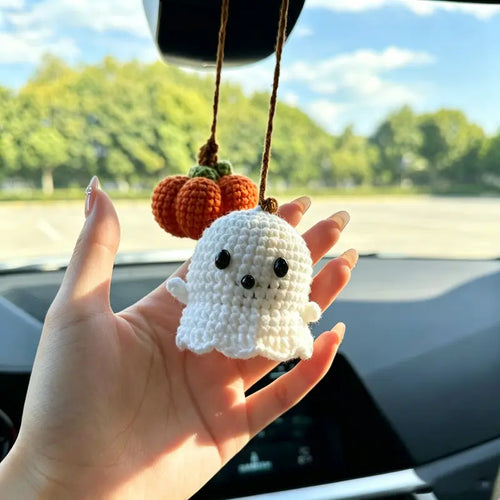 Handmade Crochet Ghost & Pumpkin Rear View Mirror Hanging Car Charm