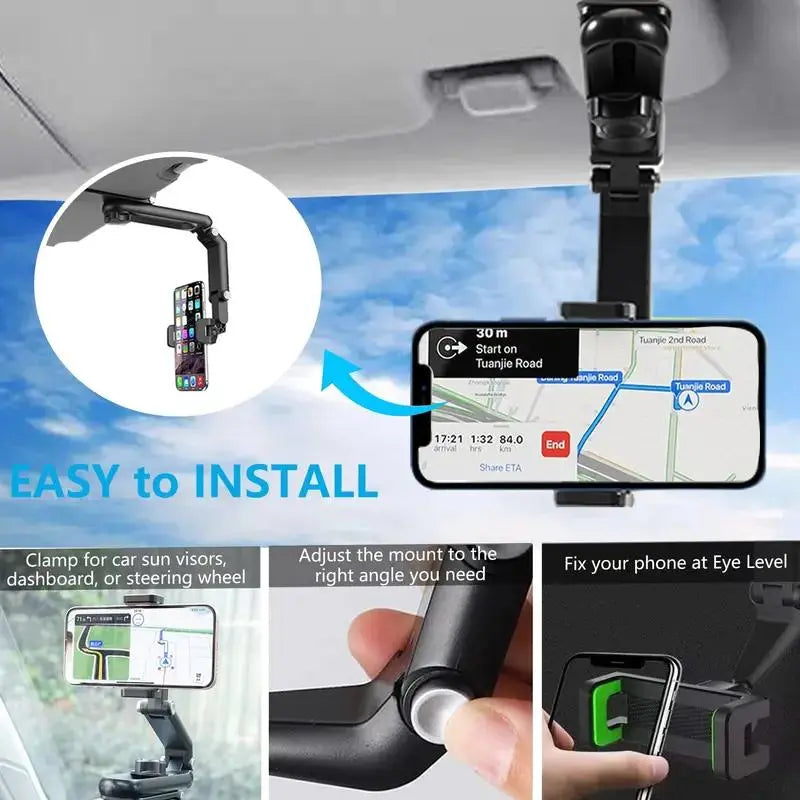 Car Phone Mount - Long Adjustable Arm, 360° Rotatable Anti-Scratch Secure Clamp