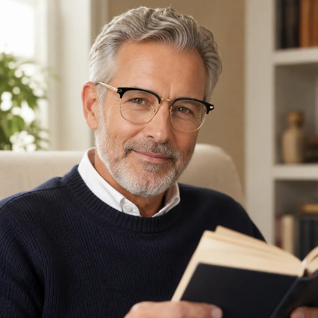 Photochromic Reading Eyewear - Unisex Square Browline Alloy Frame with UV Protection