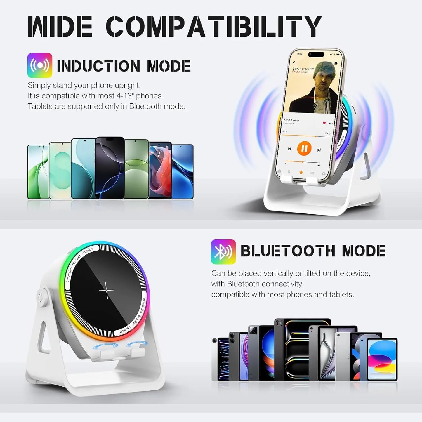 🔥 50% OFF 4-in-1 Wireless Induction Bluetooth Speaker ✨ Phone Stand + RGB Light