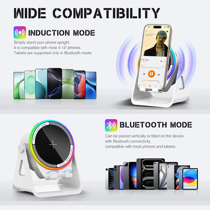 🔥 50% OFF 4-in-1 Wireless Induction Bluetooth Speaker ✨ Phone Stand + RGB Light