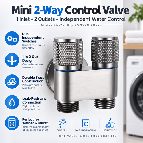 🚿 Mini 2-Way Dual Control Valve – 1 Inlet 2 Outlets, Independent Water Shut-Off