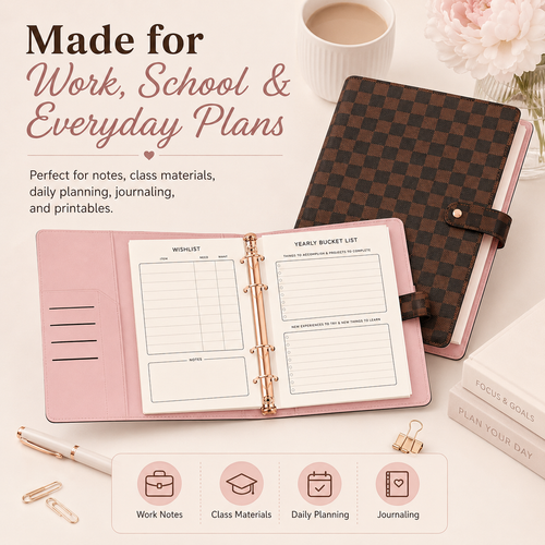 Checkered PU Leather Refillable Journal, 1-Inch 3-Ring Binder, Letter Size 8.5" x 11", Includes 100 Sheets
