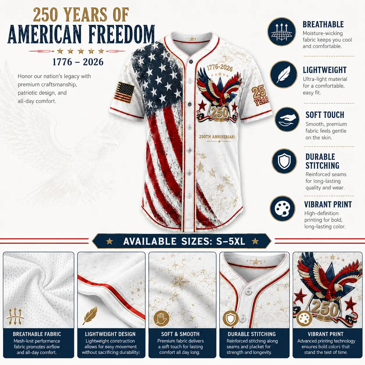 America 250th Anniversary Baseball Jersey – 1776-2026 USA Patriotic Button-Up Shirt | Vintage Stars & Stripes Freedom Jersey for 4th of July, Game Day & Everyday Wear