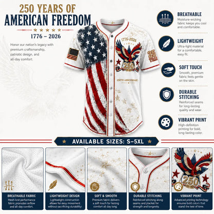 America 250th Anniversary Baseball Jersey – 1776-2026 USA Patriotic Button-Up Shirt | Vintage Stars & Stripes Freedom Jersey for 4th of July, Game Day & Everyday Wear