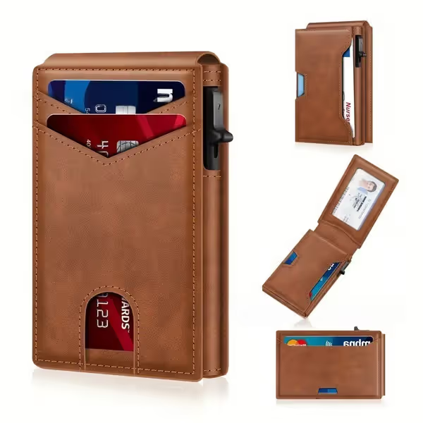 ⚡70K+ SOLD!-Wallet for Men - with Pop Up Aluminum Case Slim Leather Slots Credit Card Holder RFID Blocking Bifold Minimalist Wallet