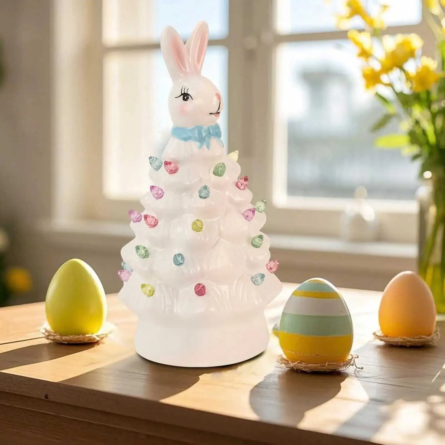 🐰Pink Bunny Tree Easter Decorations, 2026 New Resin Bunny Rabbit Tree with Lights