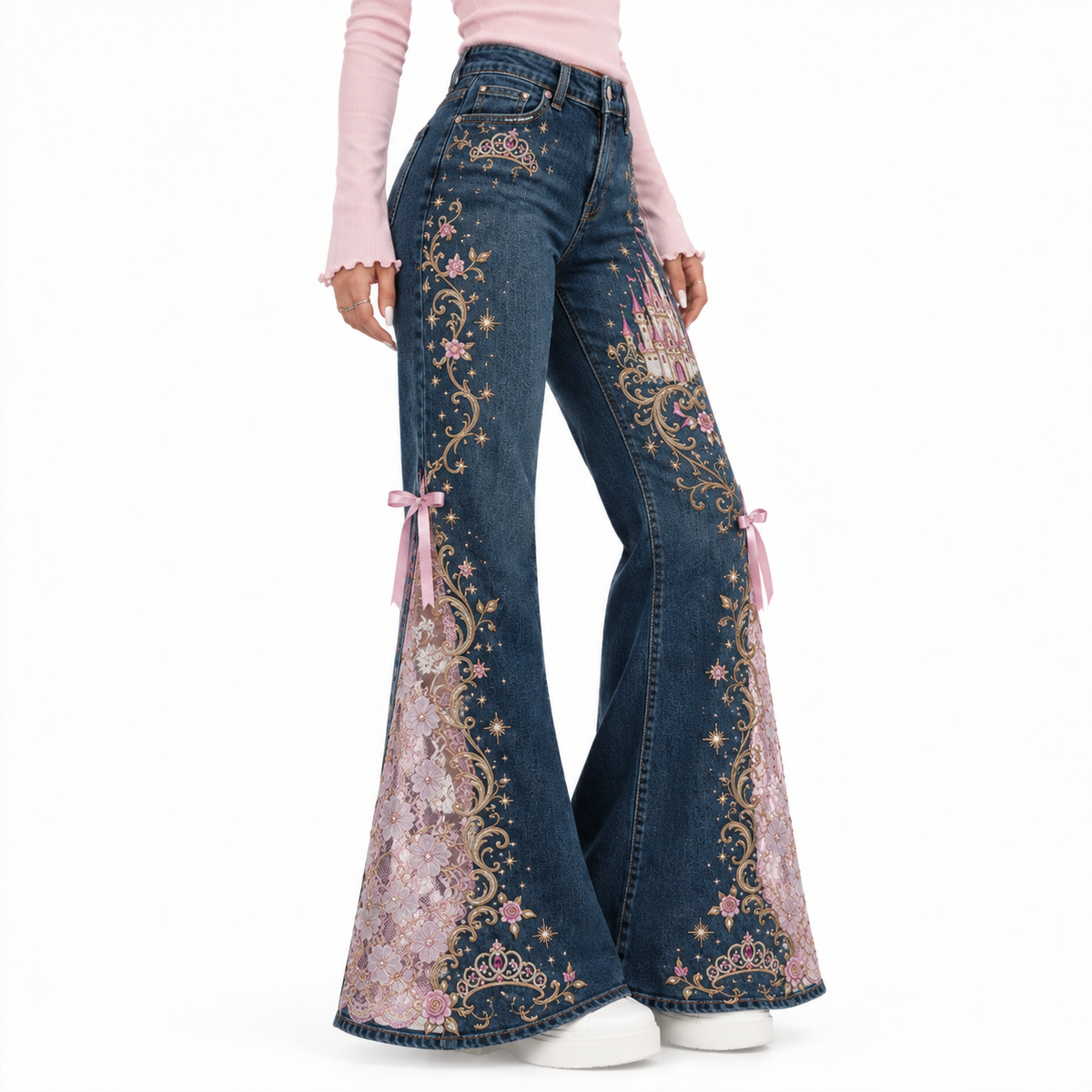 ✨PrincessLace Fairytale Flare Jeans with Lace Panels & Ribbon Bows 🎀