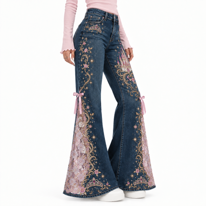 ✨PrincessLace Fairytale Flare Jeans with Lace Panels & Ribbon Bows 🎀