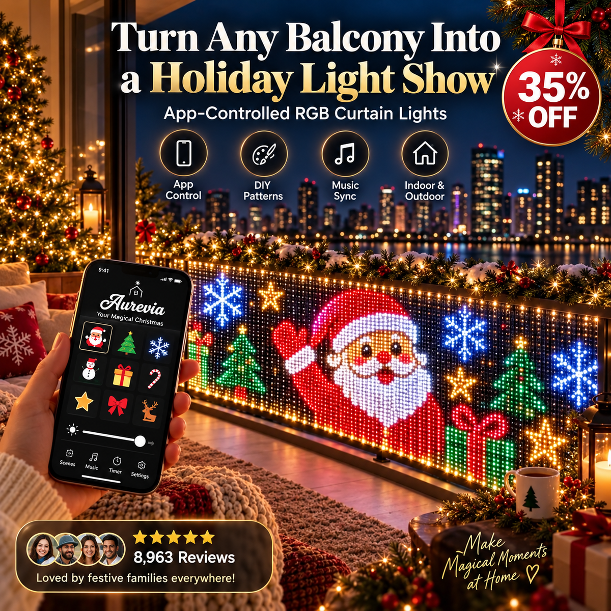 🎄💯Smart Animated Curtain Lights – App-Controlled RGB Balcony & Window Display