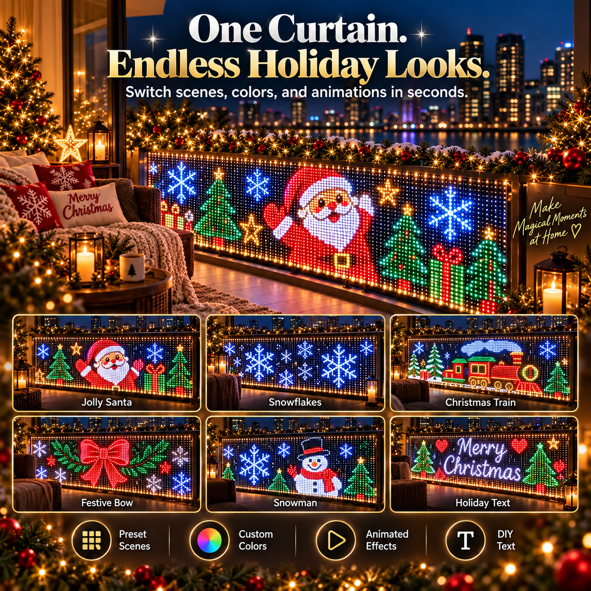 🎄💯Smart Animated Curtain Lights – App-Controlled RGB Balcony & Window Display