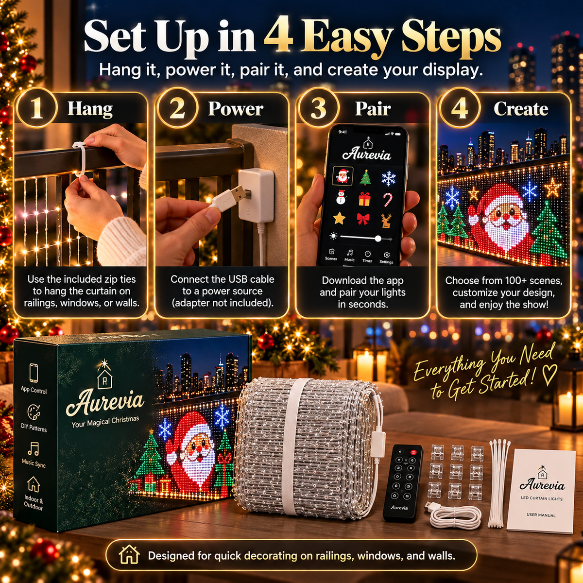 🎄💯Smart Animated Curtain Lights – App-Controlled RGB Balcony & Window Display