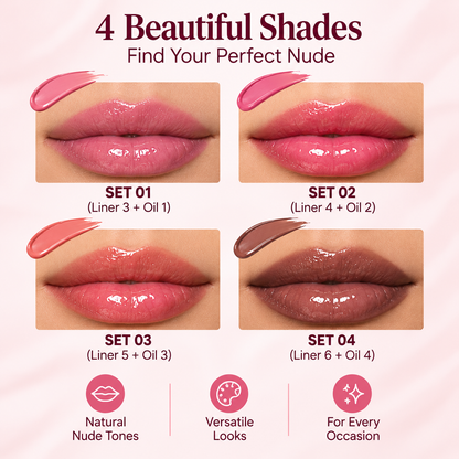 Matte Lip Liner & Moisturizing Lip Oil Set – Hydrating Nude Glossy Lip Kit
